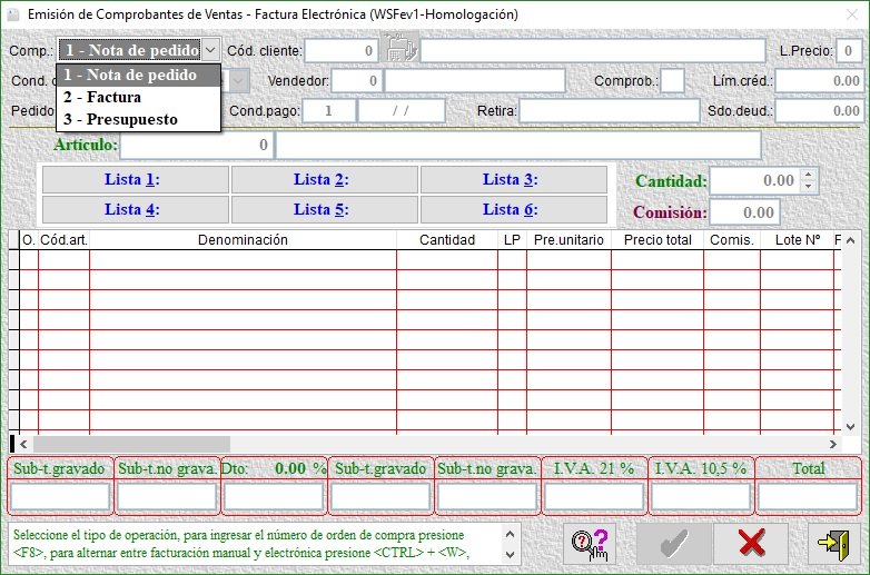 Pantalla de emisión de comprobantes de ventas con factura electrónica